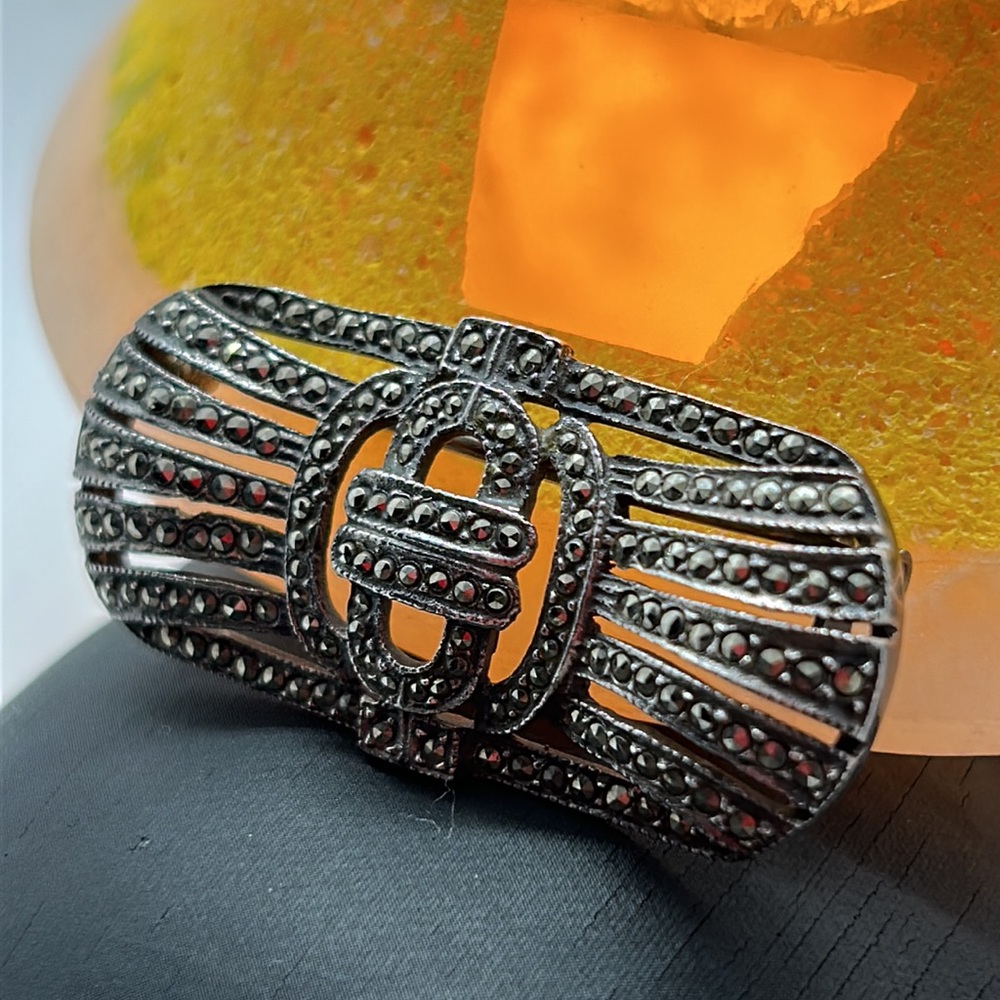 Art Deco Sterling Silver Marcasite Brooch Pin - Picture 7 of 8